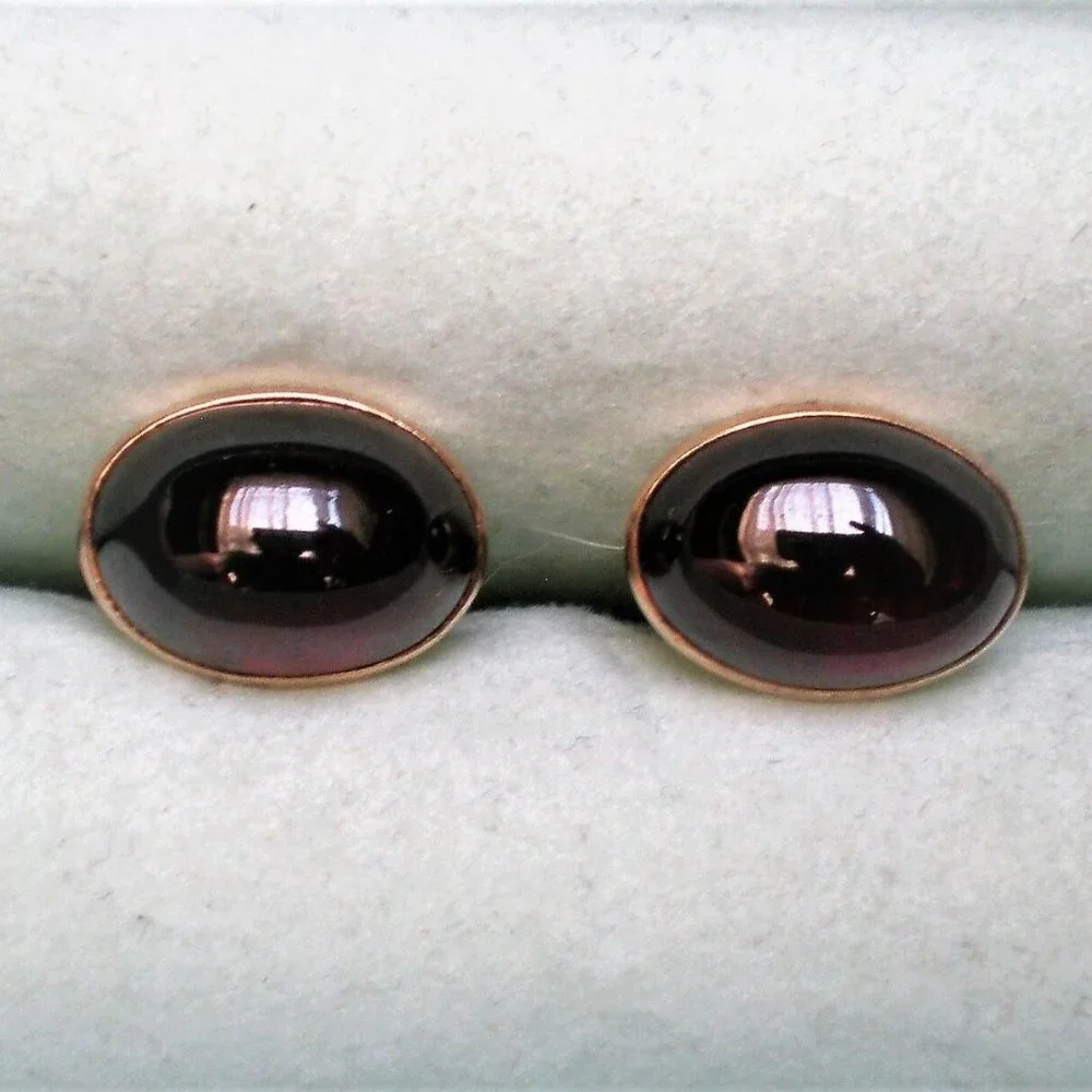 Antique Art Deco Solid 14K Rose Pink Gold Red Garnet Cabochon Cufflinks